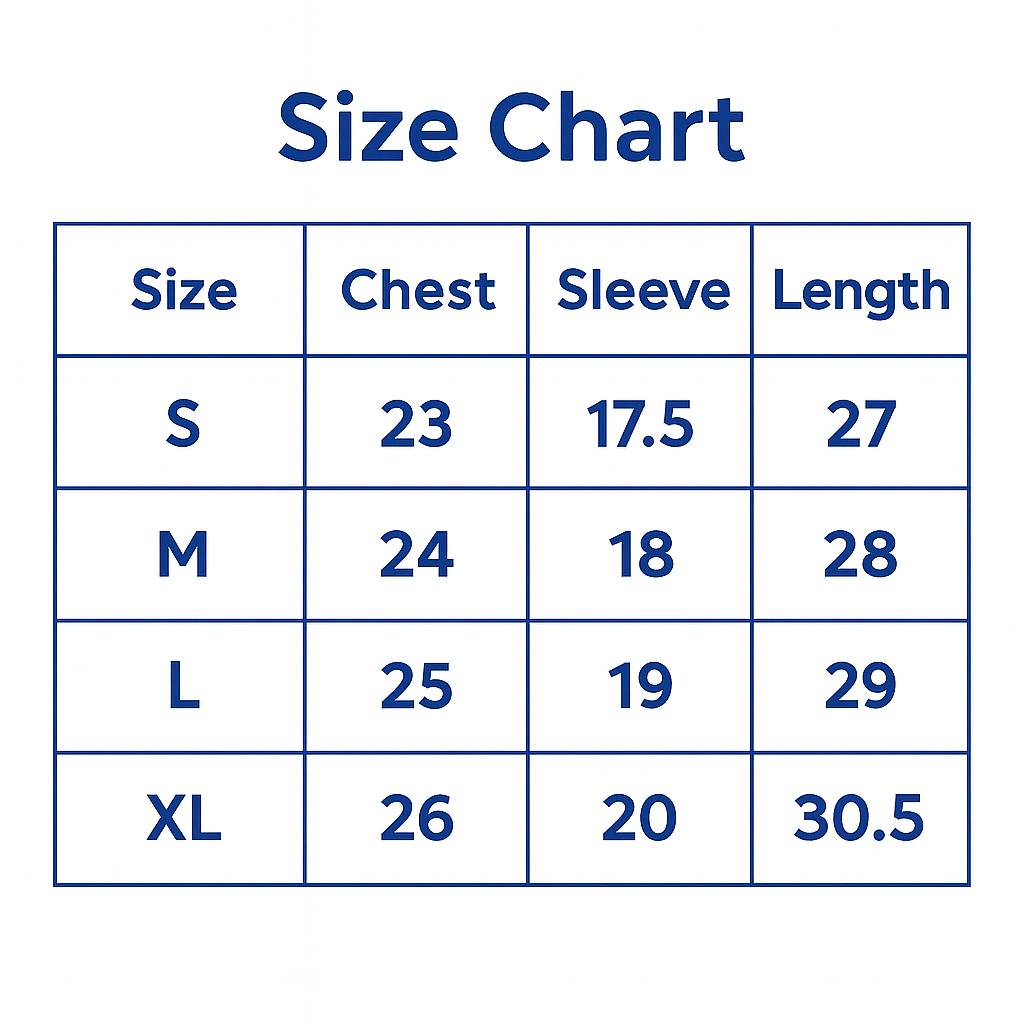 Size chart for 'There is Only One' Tee