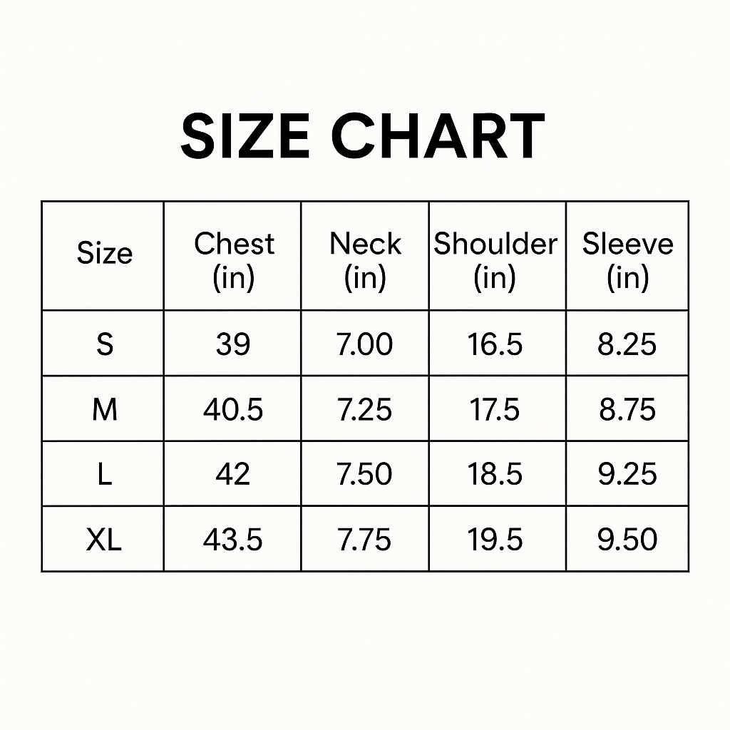 Size chart for Palestine Polo